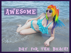 Size: 4608x3456 | Tagged: safe, artist:krazykari, derpibooru import, rainbow dash, human, beach, bikini, clothes, cosplay, costume, irl, irl human, photo, solo, swimsuit