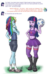 Size: 800x1243 | Tagged: safe, artist:vyazinrei, derpibooru import, rainbow dash, twilight sparkle, equestria girls, belly button, boots, clothes, compression shorts, dialogue, duo, duo female, female, football, midriff, miniskirt, shoes, shorts, skirt, sneakers, socks, sports, sports bra, sports shorts, stockings, thigh highs, zettai ryouiki