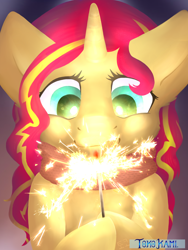 Size: 1200x1600 | Tagged: safe, artist:tokokami, sunset shimmer, pony, unicorn, cute, female, fiery shimmer, mare, new year, shimmerbetes, solo, sparkler (firework)