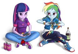 Size: 1400x974 | Tagged: safe, artist:vyazinrei, derpibooru import, rainbow dash, twilight sparkle, better together, equestria girls, clothes, controller, converse, gaming, geode of super speed, magical geodes, shoes, simple background, sneakers, soda, transparent background