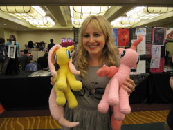 Size: 1024x768 | Tagged: safe, artist:nerdyknitterdesigns, fluttershy, pinkie pie, human, andrea libman, everfree northwest, irl, irl human, knit, photo, voice actor