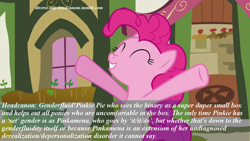 Size: 1280x720 | Tagged: safe, pinkie pie, earth pony, pony, diverse-mlp-headcanons, genderfluid, headcanon, pinkamena diane pie, solo, text, transgender, wat