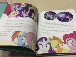 Size: 960x720 | Tagged: safe, applejack, fluttershy, pinkie pie, rainbow dash, rarity, starlight glimmer, every little thing she does, book, irl, mind control, photo