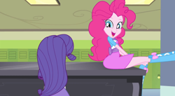 Size: 1278x702 | Tagged: safe, screencap, pinkie pie, rarity, equestria girls, player piano, rainbow rocks, boots, clothes, cute, lockers, open mouth, piano, pinkie on a piano, raised leg, skirt, this tag is unnecessary