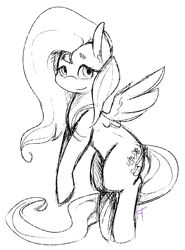 Size: 1108x1500 | Tagged: safe, artist:kittentoots, fluttershy, pegasus, pony, monochrome, smiling, solo