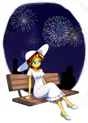 Size: 1164x1621 | Tagged: safe, artist:twilite-sparkleplz, sunset shimmer, equestria girls, 2018, bench, city, clothes, dress, female, fireworks, happy new year 2018, silhouette, sitting, solo