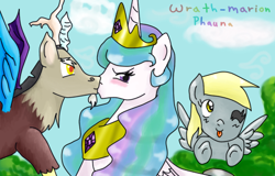 Size: 445x284 | Tagged: safe, artist:wrath-marionphauna, derpy hooves, discord, princess celestia, alicorn, pegasus, pony, angry, blushing, dislestia, female, male, mare, one eye closed, shipping, straight, tongue out, wink