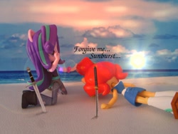 Size: 1300x975 | Tagged: safe, artist:whatthehell!?, starlight glimmer, sunset shimmer, equestria girls, beach, clothes, doll, equestria girls minis, eqventures of the minis, implied sunburst, irl, japanese, katana, merchandise, ocean, photo, sand, sandals, shoes, skirt, socks, sun, sunset, sunset sushi, sword, toy, weapon