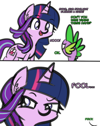 Size: 1161x1459 | Tagged: safe, artist:artiks, spike, starlight glimmer, dragon, pony, unicorn, 2 panel comic, atg 2018, comic, cute, dialogue, ear fluff, fake cutie mark, female, funny, male, mare, newbie artist training grounds, simple background, tape, twilight wig, white background