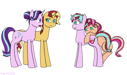 Size: 1280x761 | Tagged: safe, artist:hayley566, starlight glimmer, sunset shimmer, oc, oc:daydream flare, oc:daylight gleam, pony, unicorn, alternate hairstyle, description is relevant, family, female, hiding, hug, lesbian, magical lesbian spawn, mare, mother and child, mother and daughter, nervous, offspring, open mouth, parent and child, parent:starlight glimmer, parent:sunset shimmer, parents:shimmerglimmer, shimmerglimmer, shipping, shy, simple background, transparent background