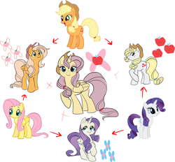 Size: 1280x1186 | Tagged: safe, artist:moobuttt, applejack, fluttershy, rarity, earth pony, pony, appleshy, female, flarijack, flarity, fusion, fusion diagram, hexafusion, lesbian, rarijack, rarijackshy, shipping