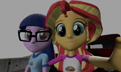 Size: 1280x768 | Tagged: safe, artist:n3onh100, sci-twi, sunset shimmer, twilight sparkle, equestria girls, legend of everfree, 3d, camp everfree outfits, female, gmod, looking at you, selfie