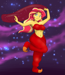Size: 867x1000 | Tagged: safe, artist:empyu, sunset shimmer, equestria girls, armpits, arms in the air, bare shoulders, bedroom eyes, belly button, belly dancer, belly dancer outfit, clothes, dancing, eyeshadow, harem outfit, long hair, makeup, midriff, night, one leg raised, pants, scarf, smiling, soft shading, solo, stars, strapless, stupid sexy sunset shimmer