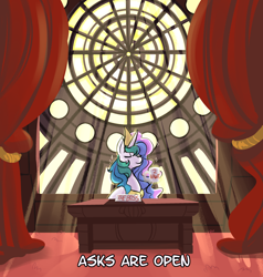 Size: 1200x1263 | Tagged: safe, artist:fauxsquared, princess celestia, alicorn, pony, ask, crepuscular rays, desk, eyes closed, levitation, magic, mug, solo, stained glass, tumblr, tumblr:it's always sunny in canterlot, window