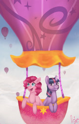 Size: 2206x3423 | Tagged: safe, artist:endytar, derpibooru import, pinkie pie, twilight sparkle, earth pony, pony, balloon, female, hot air balloon, lesbian, riding, shipping, twinkie, twinkling balloon