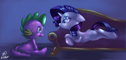 Size: 2962x1426 | Tagged: safe, artist:pia-sama, artist:tofutiles, rarity, spike, dragon, pony, unicorn, fainting couch, female, male, shipping, sparity, straight, tongue out