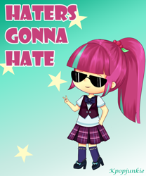 Size: 1000x1200 | Tagged: safe, artist:electricshine, sour sweet, equestria girls, friendship games, chibi, clothes, crystal prep academy uniform, crystal prep shadowbolts, female, gradient background, haters gonna hate, high heels, meme, peace sign, school uniform, shoes, skirt, smiling, socks, sunglasses