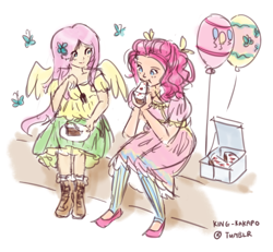 Size: 1000x923 | Tagged: safe, artist:king-kakapo, fluttershy, pinkie pie, butterfly, human, balloon, cake, eating, female, flutterpie, fork, humanized, lesbian, ponilove, shipping, sitting, smiling, spread wings, winged humanization