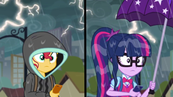 Size: 1280x720 | Tagged: safe, screencap, sci-twi, sunset shimmer, twilight sparkle, eqg summertime shorts, equestria girls, monday blues, backpack, canterlot city, clothes, geode of telekinesis, glasses, hoodie, lightning, magical geodes, phone, rain, smartphone, umbrella, wet hair