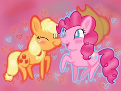 Size: 1024x768 | Tagged: safe, artist:flyonthewings, applejack, pinkie pie, earth pony, pony, applepie, female, lesbian, shipping