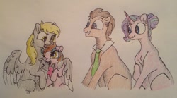 Size: 1024x569 | Tagged: safe, artist:doodletheexpoodle, derpy hooves, doctor whooves, starlight glimmer, pony, unicorn, doctorglimmer, female, male, offspring, parent:doctor whooves, parent:doctorglimmer, parent:starlight glimmer, shipping, straight, traditional art