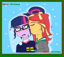 Size: 1257x1120 | Tagged: safe, artist:miraculouslover21, sci-twi, sunset shimmer, twilight sparkle, equestria girls, christmas, christmas gift, cute, eyes closed, female, heart, holiday, kiss on the cheek, kissing, lesbian, present, scitwishimmer, shipping, snow, sunsetsparkle, surprise kiss, surprised, twiabetes