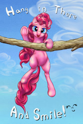 Size: 1200x1800 | Tagged: safe, artist:viwrastupr, pinkie pie, earth pony, pony, belly button, cute, diapinkes, ear fluff, hang in there, hanging, looking at you, motivational poster, open mouth, smiling, solo, tree branch, underhoof, waving