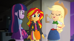 Size: 1366x768 | Tagged: safe, screencap, applejack, sunset shimmer, twilight sparkle, equestria girls, rainbow rocks, confident, door, eyes closed, freckles, happy, night, pointing, pointing behind, smiling, stars, thumb, warehouse