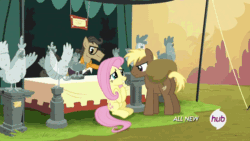 Size: 576x324 | Tagged: safe, screencap, coco crusoe, fluttershy, chicken, pegasus, pony, trade ya, animated, bag, chicken stand pony, gif, hub logo, hubble, match game, statue, the hub