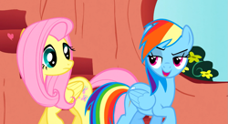 Size: 1099x597 | Tagged: safe, derpibooru import, screencap, fluttershy, rainbow dash, pegasus, pony, sonic rainboom (episode), bedroom eyes, front view, lidded eyes