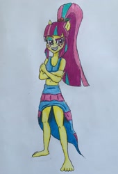 Size: 1697x2499 | Tagged: safe, artist:bozzerkazooers, sour sweet, equestria girls, clothes, crossed arms, dress, eqg giants, freckles, grin, happy, raised eyebrow, smiling, smirk, smug, traditional art