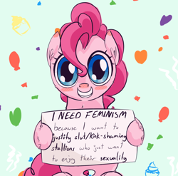 Size: 892x880 | Tagged: safe, artist:a6p, pinkie pie, earth pony, pony, drama, drama bait, feminism, feminism sign, grin, mouthpiece, op is trying to start shit, poe's law, satire, smiling, solo, vulgar