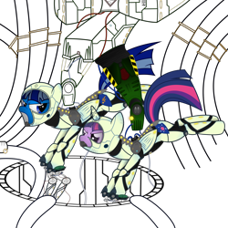 Size: 1800x1800 | Tagged: safe, artist:csillaghullo, derpibooru import, twilight sparkle, twilight sparkle (alicorn), oc, oc:falling star, alicorn, pegasus, pony, crossover, female, jaeger, mare, neural handshake, pacific rim, serious