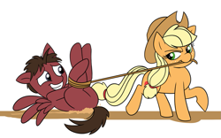 Size: 917x571 | Tagged: safe, artist:mickeymonster, applejack, oc, earth pony, pony, bedroom eyes, dragging, grin, hogtied, lasso, nervous, on back, raised hoof, smiling, spread wings, tied up, walking