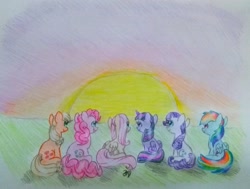 Size: 3548x2689 | Tagged: safe, artist:prinrue, derpibooru import, applejack, fluttershy, pinkie pie, rainbow dash, rarity, twilight sparkle, twilight sparkle (alicorn), alicorn, earth pony, pegasus, pony, unicorn, mane six, sitting, sun, sunset, traditional art