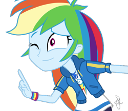 Size: 655x572 | Tagged: safe, artist:ilaria122, derpibooru import, rainbow dash, better together, equestria girls, clothes, cute, dashabetes, geode of super speed, magical geodes, one eye closed, pants, shirt, simple background, sweatshirt, transparent background, wristband