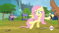 Size: 1440x810 | Tagged: safe, screencap, fluttershy, pegasus, pony, trade ya, bear call, dragged, hub logo