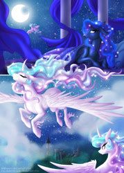 Size: 1000x1396 | Tagged: safe, artist:falleninthedark, artist:stepandy, princess celestia, princess luna, alicorn, pony, collaboration, comic, floppy ears, flying, moon, realistic horse legs, spread wings, tongue out, unshorn fetlocks