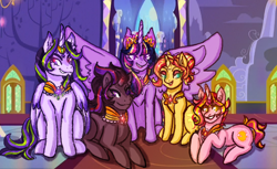 Size: 1024x625 | Tagged: safe, artist:flaredrake20, king sombra, sunset shimmer, twilight sparkle, twilight sparkle (alicorn), oc, oc:midnight marvel, oc:sunbeam majesty, alicorn, pony, unicorn, family, family photo, female, lesbian, magical lesbian spawn, male, next generation, offspring, parent:king sombra, parent:sunset shimmer, parent:twilight sparkle, parents:sunsetsparkle, parents:twibra, polyamory, shipping, smugset shimmer, straight, sunsetsparkle, twibra