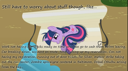 Size: 1061x587 | Tagged: safe, derpibooru import, edit, edited screencap, screencap, twilight sparkle, zombie, lesson zero, bench, cthulhu, hub logo, insane pony thread, meteor, overhead view, paranoia, petting, solo, tumblr, twilight snapple