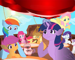 Size: 9427x7480 | Tagged: safe, artist:jeremy3, derpibooru import, apple bloom, applejack, fluttershy, pinkie pie, rainbow dash, rarity, scootaloo, sweetie belle, twilight sparkle, twilight sparkle (alicorn), alicorn, earth pony, pegasus, pony, unicorn, absurd resolution, airship, cutie mark crusaders, female, mane six, mare, zeppelin