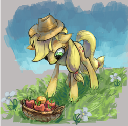 Size: 1435x1413 | Tagged: safe, artist:ruffu, applejack, earth pony, pony, apple, basket, grass, orange, partial background, solo