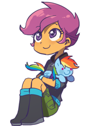 Size: 300x400 | Tagged: dead source, safe, artist:baekgup, derpibooru import, rainbow dash, scootaloo, equestria girls, cute, cutealoo, hug, plushie, sitting, smiling, solo