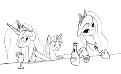 Size: 1011x617 | Tagged: safe, artist:spacehunt, princess celestia, princess luna, twilight sparkle, twilight sparkle (alicorn), alicorn, pony, bar, drink heresy, drinks of unknown origin, female, heresy, mare, monochrome, sketch, war hammer, weapon