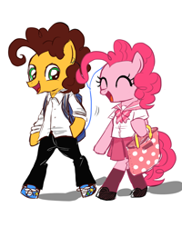 Size: 1024x1280 | Tagged: safe, artist:momo, cheese sandwich, pinkie pie, pony, bipedal, cheesepie, clothes, cute, diacheeses, diapinkes, eyes closed, female, happy, male, open mouth, school uniform, shipping, smiling, straight, uniform, walking