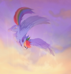 Size: 2370x2452 | Tagged: safe, artist:serafelis, derpibooru import, rainbow dash, pegasus, pony, beautiful, female, flying, large wings, mare, painting style, solo, transitional skies, twilight (astronomy), wings