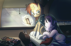 Size: 3301x2160 | Tagged: safe, artist:draftthefilmmaker-kl, starlight glimmer, sunburst, pony, unicorn, uncommon bond, board game, book, dragon pit, eyes closed, female, lidded eyes, magic, male, shipping, sleeping, starburst, straight, telekinesis