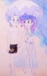 Size: 708x1129 | Tagged: safe, artist:little-miss-oshawott, fancypants, rarity, equestria girls, beach, beach umbrella, belly button, bikini, clothes, raripants, sarong, shipping, swimming trunks, swimsuit, topless, traditional art