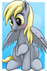 Size: 1280x1920 | Tagged: safe, artist:conscious-aberration, derpy hooves, pegasus, pony, belly button, blushing, female, mare, solo, tongue out