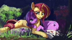 Size: 1920x1080 | Tagged: safe, artist:hierozaki, starlight glimmer, sunset shimmer, pony, unicorn, cuddling, female, lesbian, mare, shimmerglimmer, shipping, smiling